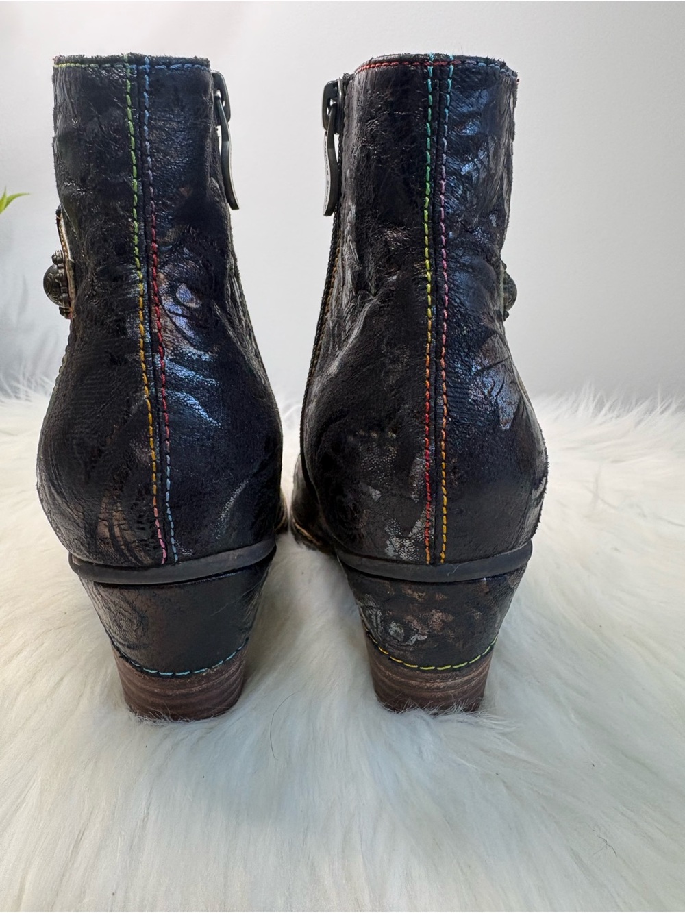 Women's Black Leather Ankle Booties with Olive-Patterned Toe - Picture 7 of 11